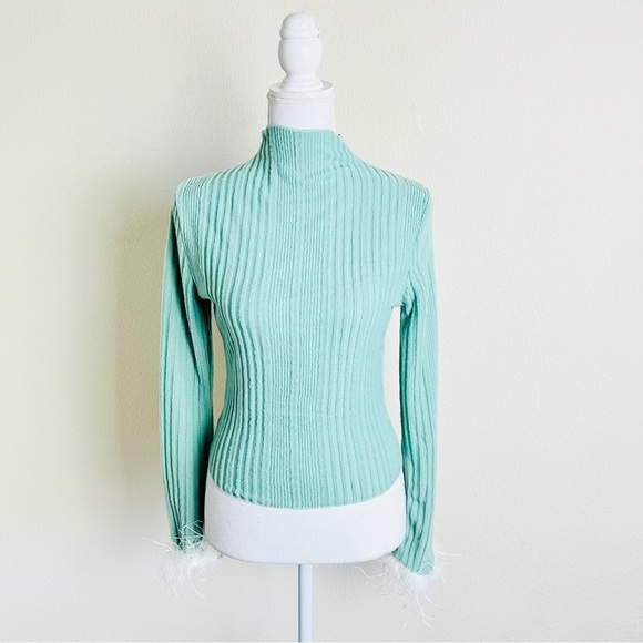 Seafoam Green Ribbed High Neck White Fuzzy Feather Cuff Trim Long Sleeve Blouse - Picture 1 of 4